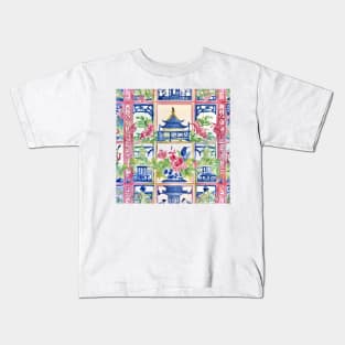 Preppy trellis chinoiserie pagodas, flowers and birds Kids T-Shirt